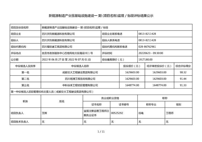 新能源制造產業園基礎設施建設一期 (項目名稱)監理 / 標段評標結果公示